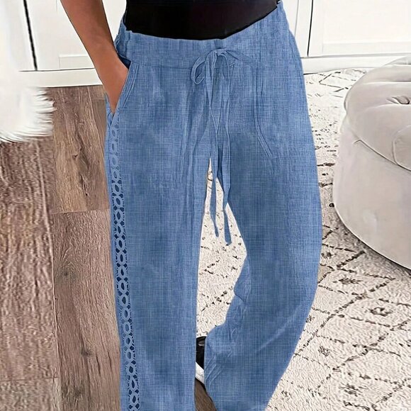 Blue Casual Women's Imitation Denim Linen Blend Side Lace Insert Long Pants - Picture 1 of 4
